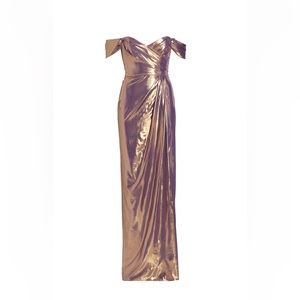 Marchesa notte gold metallic gathered bustier evening gown